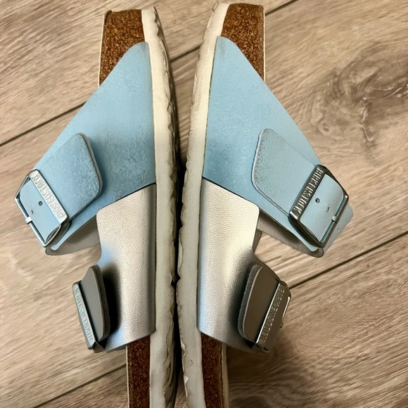 Birkenstock Arizona Split Light Blue/Silver Birko Flor Narrow Fit - Picture 3 of 5